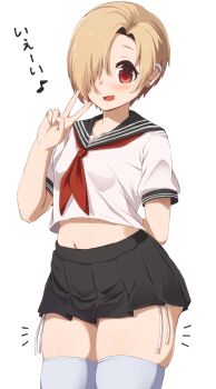 1girl aki_(sangetusei) ass black_sailor_collar black_skirt blonde_hair blush cowboy_shot ear_piercing earrings hair_over_one_eye hand_up highres idolmaster idolmaster_cinderella_girls jewelry looking_at_viewer midriff miniskirt musical_note navel neckerchief open_mouth piercing pleated_skirt red_eyes red_neckerchief sailor_collar school_uniform serafuku shirasaka_koume shirt short_hair short_sleeves side-tie_peek simple_background skindentation skirt solo standing stud_earrings thighhighs translation_request v white_background white_shirt white_thighhighs