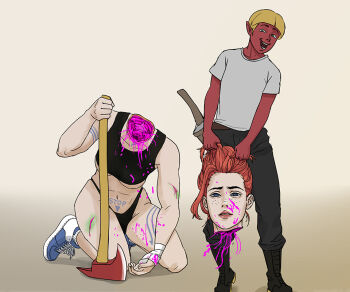 axe bleeding blood blood_on_clothes blood_on_face body_freckles breasts corpse dagger dark-skinned_male dark_skin decapitated_head decapitation defeated_villainess freckles guro helpless knife lipstick makeup pale_skin peril poison red_hair rellik ryona size_difference tattoo underboob weapon