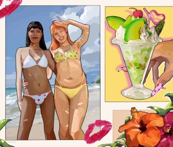 2girls beach bikini black_hair blunt_bangs body_freckles border brown_eyes cherry cloud cloudy_sky collage collage_background cowboy_shot cup disposable_cup disposable_ice_cream_cup drinking_straw earrings fingernails floral_background flower food freckles fruit green_bikini hair_behind_ear hand_on_another's_hip hand_on_own_forehead highres hoop_earrings jewelry leaf lipstick_mark long_fingernails looking_at_viewer melon milkshake multiple_girls nail_art nail_ornament nami_(one_piece) navel_piercing nico_robin ocean one_eye_closed one_piece orange_flower orange_hair outline outside_border panties piercing pink_outline polka_dot polka_dot_bikini polka_dot_panties rabu99 red_flower shading_eyes shoulder_freckles side-tie_panties sky smile standing swept_bangs swimsuit tan teeth thong_bikini underwear white_bikini white_border white_outline yellow_panties