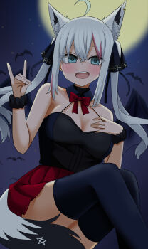 Rule 34 | 1girl, absurdres, ahoge, animal ears, bat (animal), black ribbon, black scrunchie, black thighhighs, blue eyes, bow, bowtie, breasts, commentary, fox ears, fox girl, fox shadow puppet, fox tail, full moon, grey hair, hair ribbon, halloween, halterneck, hand on own chest, highres, hololive, long hair, looking at viewer, medium breasts, miniskirt, moon, natsume mina, night, open mouth, outdoors, pleated skirt, red bow, red bowtie, red skirt, ribbon, scrunchie, shirakami fubuki, shirt, sidelocks, sitting, skirt, sleeveless, sleeveless shirt, smile, solo, star (symbol), tail, thighhighs, twintails, virtual youtuber, white hair, wrist scrunchie