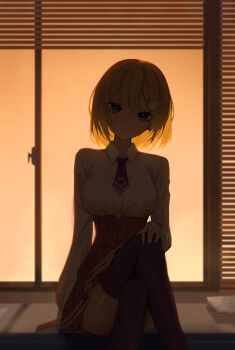 1girl absurdres black_thighhighs blonde_hair blue_eyes blurry blurry_background bob_cut breasts brown_skirt closed_mouth collared_shirt commentary hair_ornament hand_on_own_knee high-waist_skirt highres hololive hololive_english indoors large_breasts looking_at_viewer magnifying_glass miniskirt necktie plaid_clothes plaid_skirt pleated_skirt red_necktie shirt shirt_tucked_in short_hair short_necktie sitting skirt smile solo straight-on thighhighs virtual_youtuber watson_amelia watson_amelia_(1st_costume) white_shirt yubbiidraw