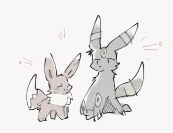 Rule 34 | brown fur, closed eyes, closed mouth, eevee, gen 1 pokemon, gen 2 pokemon, grey fur, looking at another, nintendo, no humans, pokemon, pokemon (creature), pokemon focus, simple background, sitting, sketch, smile, umbreon, white background, zugvogel 0525