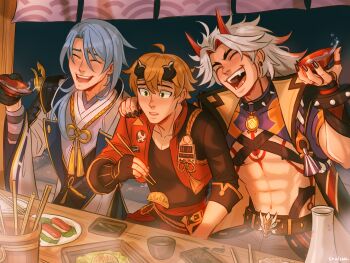 3boys :d ^_^ abs absurdres ahoge aiguillette alcohol arataki_itto armor artist_name belt black_choker black_coat black_gloves black_nails black_shirt blonde_hair blue_hair blush bodypaint bracelet brown_belt bucket chalseu chest_harness choker chopsticks closed_eyes coat collarbone colored_inner_hair commentary crop_top cropped_jacket cup drunk earrings english_commentary facepaint fake_horns fangs fingerless_gloves fingernails fish_(food) food genshin_impact gloves gold_trim green_hair hair_between_eyes hair_over_shoulder hand_on_another's_shoulder hand_up harness headband highres holding holding_chopsticks holding_cup horned_headwear horns jacket japanese_armor japanese_clothes jewelry kamisato_ayato kimono lapels laughing long_fingernails long_hair long_sleeves male_focus medium_hair multicolored_hair multiple_boys navel nigirizushi noren o-ring o-ring_choker open_clothes open_coat open_jacket open_mouth parted_bangs plate purple_kimono purple_shirt red_hair red_horns red_jacket ribbon-trimmed_sleeves ribbon_trim rope sakazuki sake seigaiha shirt short_sleeves shoulder_armor single_sode sitting sleeveless sleeveless_coat smile sode spiked_bracelet spiked_choker spikes steam stomach sushi swept_bangs table tassel teeth thick_eyebrows thoma_(genshin_impact) tokkuri tongue upper_body upper_teeth_only vision_(genshin_impact) white_hair white_jacket wide_sleeves wooden_bucket wooden_table