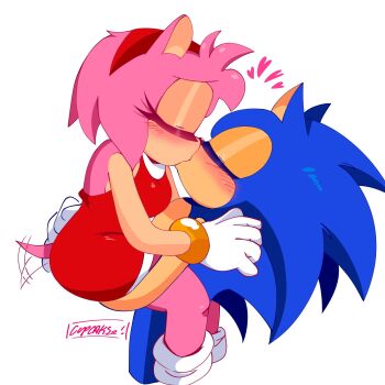 amy_rose artangelo381341 blue_flur blue_hair blush boots carrying carrying_person closed_eyes dress gloves hug kiss legs loli medium_hair pink_fur pink_hair sega sonamy sonic_(series) sonic_the_hedgehog tail tail_wagging