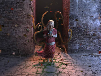 1girl 3d autumn_leaves game_cg leaf nikita_veprikov realistic soo standing stuffed_animal stuffed_toy teddy_bear tentacles wind