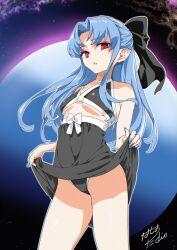 Rule 34 | 1girl, absurdres, bikini, black bikini, blue hair, blue nails, bow, breasts, clothes lift, commission, fingernails, hair bow, hashiguchi takashi, highres, len (tsukihime), long fingernails, long hair, looking at viewer, parted lips, planet, pointy ears, red eyes, skeb commission, small breasts, solo, space, swimsuit, tsukihime, underboob