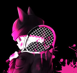 Rule 34 | 1boy, beanie, black background, black hat, black jacket, black sleeves, blood, blood drip, blood on clothes, blood on face, blood on hands, blood splatter, commentary request, danganronpa (series), danganronpa v3: killing harmony, from behind, hat, holding tennis racket, horned hat, hoshi ryoma, jacket, leather, leather jacket, long sleeves, looking at viewer, male focus, over shoulder, pink blood, pink eyes, pink theme, short hair, simple background, solo, upper body, uuu knock4n, v-shaped eyes, weapon, weapon over shoulder, zipper