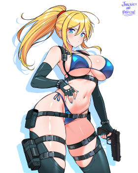 1girl absurdres artist_name belt belt_buckle belt_pouch bikini black_gloves blonde_hair blue_bikini blue_chaps blue_eyes blue_nails blush bracelet breasts buckle chest_harness cleavage commentary_request detached_sleeves elbow_gloves fingerless_gloves gloves gun handgun harness highres holding holding_gun holding_weapon holster jarckius jewelry large_breasts long_hair looking_at_viewer metroid multiple_thigh_straps nail_polish navel nintendo original ponytail pouch samus_aran side-tie_bikini_bottom simple_background solo stomach swimsuit thigh_holster thigh_strap thighhighs thighs weapon white_background