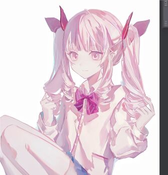 1other akiyama_mizuki art_program_in_frame blue_skirt blunt_bangs bow bowtie cardigan closed_mouth commentary diagonal-striped_bow diagonal-striped_bowtie diagonal-striped_clothes drill_hair drill_sidelocks english_commentary feet_out_of_frame film_grain hair_bow hands_in_own_hair hands_up kamiyama_high_school_uniform_(project_sekai) knees_up long_sleeves looking_at_viewer miniskirt other_focus phlic pink_bow pink_bowtie pink_eyes pink_hair pleated_skirt project_sekai puffy_long_sleeves puffy_sleeves school_uniform screencap sidelocks simple_background sitting skirt smile solo striped_bow striped_bowtie striped_clothes thighhighs twin_drills white_background white_thighhighs yellow_cardigan zettai_ryouiki