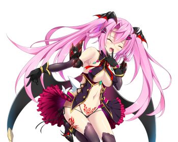 1girl black_dress black_gloves black_panties black_thighhighs black_wings breasts chikubi_(artist) cleavage closed_eyes clothing_cutout corruption dark_persona demon_girl detached_sleeves dress elbow_gloves floating_hair game_cg gloves hair_between_eyes hair_ornament hairclip head_wings kusarou large_breasts large_variant_set leg_up lilith_(mahou_shoujo_inori) long_hair low_wings mahou_shoujo_inori mamiya_seira navel non-web_source official_art open_mouth panties pink_hair pubic_tattoo revealing_clothes ribbon shiny_skin short_dress side-tie_panties sideboob solo standing string_panties tattoo thighhighs transparent_background twintails underboob underwear variant_set very_long_hair wings