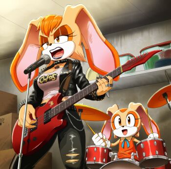 :d box boxes breasts brown_eyes brown_fur cardboard_box chain clothes_writing cream_the_rabbit drum drum_set drumsticks electric_guitar eyelashes garage guitar hair_between_eyes highres instrument jacket large_breasts leather leather_jacket leather_pants mature_female microphone mother_and_daughter music open_mouth pants punk rabbit rabbit_ears rabbit_girl red_guitar sega shirt singing smile sonic_(series) torn_clothes torn_legwear two-tone_fur vanilla_the_rabbit very_long_ears white_shirt