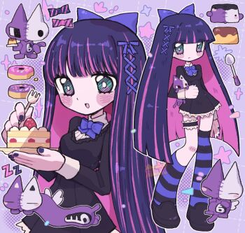 1girl aqua_eyes ben-day_dots black_dress black_shoes blue_bow blue_bowtie blue_nails blue_ribbon blush bob_cut bow bowtie breasts cake colored_inner_hair donut dress food fork gothic_lolita hair_bow hair_ribbon hashtag-only_commentary highres holding holding_fork holding_stuffed_toy honekoneko_(psg) hyunyo lolita_fashion long_hair multicolored_hair panty_&amp;_stocking_with_garterbelt pink_streaks pudding purple_background purple_hair ribbon screentones shoes spoon stocking_(psg) strawberry_shortcake striped_bow striped_clothes striped_thighhighs stuffed_animal stuffed_toy thighhighs