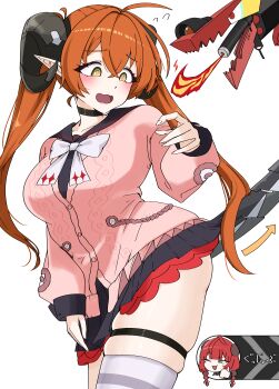 2girls @_@ absurdres ahoge arrow_(symbol) ass assisted_exposure black_horns black_sailor_collar black_serafuku black_skirt black_straps blush bow bowtie breasts cardigan chibi chibi_inset clothes_lift commentary_request cowboy_shot curled_horns dot_nose double-parted_bangs embarrassed fire flying_sweatdrops green_eyes hair_intakes hand_up highres horns large_breasts layered_skirt long_sleeves magus_(zenless_zone_zero) multiple_girls one_eye_closed open_mouth orange_hair orphie_magnusson pink_cardigan red_hair red_skirt sailor_collar school_uniform serafuku simple_background skindentation skirt skirt_lift thigh_strap thighhighs thumbs_up translated twintails ukinami_yuzuha white_background white_bow white_bowtie white_thighhighs yellow_eyes yuura_(yuura_ephyra) zenless_zone_zero