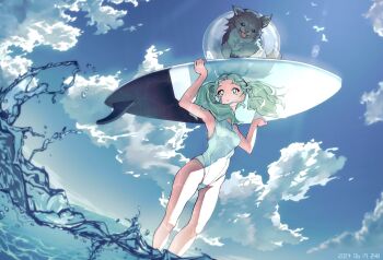 1girl aqua_eyes aqua_hair baby_animal bimel_isabella breasts character_name cloud commentary_request dalamud_(menphina) dated final_fantasy final_fantasy_xiv highres holding holding_surfboard innertube korean_commentary menphina one-piece_swimsuit sky surfboard swim_ring swimsuit twintails wading water white_one-piece_swimsuit wolf