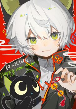 1boy :3 animal_ears black_cat black_jacket blush cat cat_ears chinese_commentary closed_mouth coin coin_on_string commentary_request dated double-parted_bangs dual_persona english_text eyes_visible_through_hair flower_knot green_eyes hair_between_eyes happy_new_year highres jacket lethe_(jiaodidezheshelu) looking_at_viewer luo_xiaohei luo_xiaohei_(cat) luo_xiaohei_(human) luo_xiaohei_zhanji male_focus new_year open_clothes open_jacket red_background sanpaku shirt short_hair smile tassel triangle_mouth upper_body white_hair white_shirt