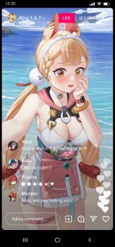 absurdres alice_thymefield alice_thymefield_(sea_of_thyme) animal_ears bare_shoulders belle_(summer_skies)_(zenless_zone_zero) belle_(zenless_zone_zero) belt blonde_hair blush bracelet breasts collar dress_swimsuit emoji hair_ornament heart heterochromia highres holding holding_phone jewelry komano_manato livestream long_hair looking_to_the_side ocean official_alternate_costume phone rabbit_ears rabbit_girl red_eyes sh58765 social_network sphere_hair_ornament star_(symbol) sweat swimsuit thigh_strap twintails ukinami_yuzuha user_interface watch wet wise_(zenless_zone_zero) wristwatch yellow_eyes zenless_zone_zero