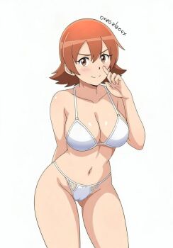 Rule 34 | 1girl, aged up, alexkonakona, artist name, bra, breasts, brown eyes, brown hair, cameltoe, cleavage, closed mouth, commentary, digimon, digimon adventure tri., english commentary, highres, looking at viewer, medium breasts, navel, paid reward available, panties, pointing, pointing at self, shiny skin, short hair, smile, takenouchi sora, thighs, underwear, v-shaped eyebrows, white background, white bra, white panties