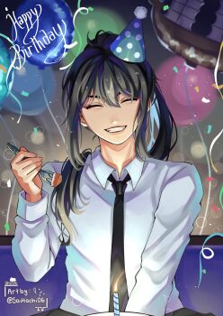 1girl absurdres balloon black_hair black_necktie cake candle closed_eyes collared_shirt commentary confetti english_commentary english_text facing_viewer food fork grin happy_birthday hat head_tilt highres holding holding_fork lee_jihye long_sidelocks necktie omniscient_reader&#039;s_viewpoint party_hat ponytail saihachi06 shirt sidelocks smile solo streamers white_shirt