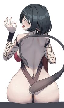 1girl absurdres animal_ears anus anus_peek ass back backless_outfit backless_swimsuit black_hair black_one-piece_swimsuit commentary_request detached_sleeves fellatio_gesture fishnet_sleeves fishnets highres jane_doe_(nocturne_of_light)_(zenless_zone_zero) jane_doe_(zenless_zone_zero) kaba_(hama) looking_at_viewer looking_back mouse_ears mouse_girl mouse_tail official_alternate_costume one-piece_swimsuit piercing red_one-piece_swimsuit solo swimsuit tail tongue tongue_out tongue_piercing two-tone_one-piece_swimsuit white_background zenless_zone_zero