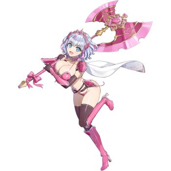 1girl arm_guards armor armored_boots axe battle_axe belt bikini bikini_armor black_thighhighs blue_eyes blue_hair boots breasts carrying_over_shoulder dolphin_wave elbow_gloves fingerless_gloves full_body game_cg gauntlets gloves heart heart_print high_heel_boots high_heels highres holding holding_axe huge_weapon kukuri_tomo large_breasts leaning_forward looking_at_viewer medium_hair multicolored_hair multiple_belts navel non-web_source official_art ootomo_takuji open_mouth pink_bikini pink_hair pink_streaks revealing_clothes shoulder_armor silver_trim skindentation smile solo standing standing_on_one_leg streaked_hair swimsuit thighhighs transparent_background wavy_hair weapon