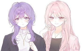 1girl 1other akiyama_mizuki asahina_mafuyu black_jacket black_shirt colored_eyelashes earrings hair_between_eyes hashtag-only_commentary jacket jewelry komeng_64 long_hair looking_at_viewer necklace official_alternate_costume official_alternate_hairstyle pink_eyes pink_hair pink_jacket pink_nails project_sekai purple_eyes purple_hair shirt sweater turtleneck turtleneck_sweater white_background white_shirt zozotown