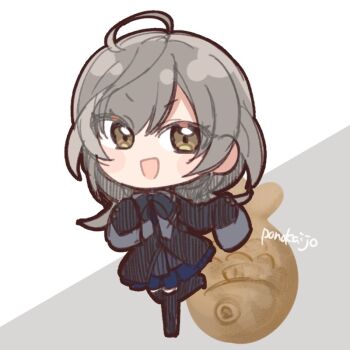 1girl :d assault_lily black_bow black_bowtie black_jacket black_skirt black_thighhighs blush bow bowtie chibi commentary_request food grey_background hands_up jacket leg_up long_hair long_sleeves miniskirt open_mouth oversized_clothes ponokaijo sasaki_ran skirt sleeves_past_fingers sleeves_past_wrists smile solo standing standing_on_one_leg taiyaki thighhighs twitter_username two-tone_background v-shaped_eyebrows wagashi white_background yellow_eyes