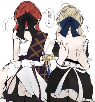 2girls 2others absurdres ahoge alternate_costume artoria_pendragon_(fate) ass black_bow black_dress blonde_hair blue_bow bow braid commentary_request crown_braid dress excalibur_(fate/stay_night) fate/stay_night fate/strange_fake fate_(series) from_behind garter_belt hair_bow hayato_hoshi604 highres hippolyta_(fate) long_hair multiple_girls multiple_others red_hair saber_(fate) simple_background spanked speech_bubble standing sword talking translation_request weapon white_background white_dress