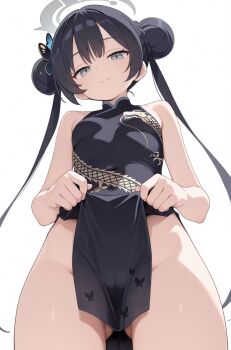 1girl animal_print armpit_crease bare_arms bare_shoulders black_butterfly black_dress black_hair blue_archive blue_butterfly braid braided_bun breasts bug butterfly butterfly_hair_ornament butterfly_print cameltoe china_dress chinese_clothes cleft_of_venus closed_mouth clothes_lift commentary_request covered_navel dot_nose double-parted_bangs double_bun dragon_print dress dress_lift from_below gluteal_fold grey_eyes grey_halo groin hachimiso hair_between_eyes hair_bun hair_ornament halo highres insect kisaki_(blue_archive) lifting_own_clothes loli long_hair looking_at_viewer no_panties partial_commentary pelvic_curtain pelvic_curtain_lift print_dress pussy short_dress side_slit sidelocks sleeveless sleeveless_dress small_breasts smile solo split_mouth standing thighs turtleneck turtleneck_dress twintails very_long_hair