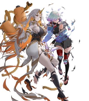 2girls aqua_hair ass blonde_hair breasts crystal damaged fire_emblem fire_emblem_heroes fuuma_shuriken gradient_hair grey_hair gullveig_(fire_emblem) gullveig_(ninja)_(fire_emblem) hair_ornament hair_over_one_eye highres horns huge_breasts japanese_clothes kvasir_(fire_emblem) kvasir_(ninja)_(fire_emblem) long_hair multicolored_hair multiple_girls nintendo non-web_source official_alternate_costume official_art sandals scarf scroll shoes short_hair shuriken sideboob single_horn small_breasts snake_hair_ornament torn_clothes unworn_shoes very_long_hair weapon yellow_eyes