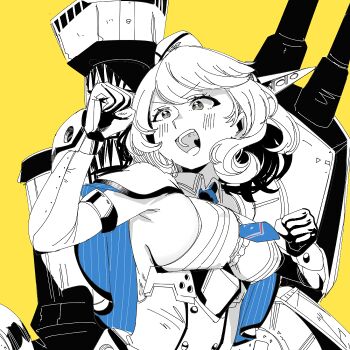 Rule 34 | 1girl, between breasts, blue eyes, blue necktie, blush, braid, breasts, capelet, clenched hands, colorado (kancolle), commentary request, elbow gloves, garrison cap, gloves, grey capelet, grey hat, hat, headgear, kantai collection, large breasts, lattice mast, looking to the side, necktie, necktie between breasts, open mouth, rigging, ship turret, shirouri, shirt, short hair, side braids, sideboob, sideless shirt, simple background, solo, spot color, white shirt, yellow background