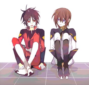 2boys black_boots black_hair boots brown_hair coat crossed_ankles gundam gundam_seed gundam_seed_destiny hair_between_eyes hugging_own_legs kira_yamato knee_boots looking_at_another male_focus military_uniform multiple_boys pants purple_eyes red_coat red_eyes red_pants seed0x0 shinn_asuka simple_background sitting sleeve_cuffs smile white_background white_boots white_coat white_pants zaft_uniform