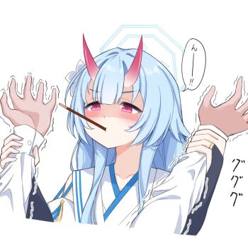 1boy 1girl assertive_female black_bridal_gauntlets blue_archive blue_hair blue_halo blunt_bangs blush bridal_gauntlets center-flap_bangs chise_(blue_archive) closed_mouth commentary_request cropped_torso demon_girl demon_horns flower food food_in_mouth hair_flower hair_intakes hair_ornament halo hands_up hetero holding_another's_wrist horns japanese_clothes kimono long_hair long_sleeves looking_at_another pocky pocky_in_mouth pocky_kiss red_eyes sensei_(blue_archive) shaded_face shared_food sidelocks simple_background sound_effects speech_bubble trembling upper_body v-shaped_eyebrows white_background white_flower white_kimono wide_sleeves yamichi_(yamichi8369)