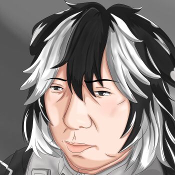 1boy animal_ears black_eyes black_hair black_sleeves commentary dog_boy dog_ears grey_background hair_between_eyes hair_intakes highres jacket jang_schna kim_ji-hoon_(project_moon) multicolored_hair ngrider project_moon short_hair two-tone_hair virtual_youtuber white_hair white_jacket