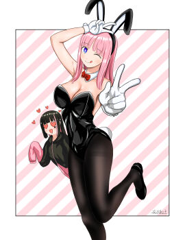 2girls black_hair black_leotard black_pantyhose border breasts cleavage double_v hands_up hongou_hina isshou_senkin leotard light_blush long_hair long_sleeves looking_at_viewer multicolored_hair multiple_girls one_eye_closed open_mouth pantyhose pink_background pink_hair playboy_bunny rabbit_ears rabbit_tail shinonome_rei_(isshou_senkin) shoes sleeves_past_fingers sleeves_past_wrists smile streaked_hair striped_background tongue tongue_out two-tone_hair user_fugv2783 v white_background white_border
