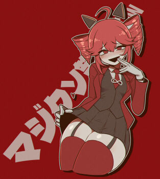 1girl @_@ ahoge bent_over black_horns black_skirt black_vest blazer collared_shirt commentary_request cowboy_shot cropped_legs double-parted_bangs downwards_triangle_mouth drill_hair execution_clap finger_to_mouth garter_straps gloves hair_between_eyes hand_up highres holding_own_skirt horns infinity_symbol jacket kasane_teto kasane_teto_(sv) korean_commentary long_hair_between_eyes miniskirt misg1111 necktie open_clothes open_jacket open_mouth outline pleated_skirt red_background red_eyes red_hair red_necktie red_thighhighs revision shirt simple_background skirt small_horns solo suit_jacket synthesizer_v thighhighs thighs triangle_mouth twin_drills utau vest white_gloves white_outline white_shirt