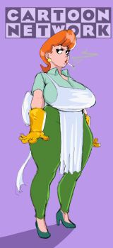 1girl apron arms_at_sides black_eyes breasts cartoon_network cigarette dexter&#039;s_laboratory dexter&#039;s_mom earrings feet female_focus full_body gloves green_pants groin high_heels highres huge_breasts jewelry legs looking_at_viewer mature_female orange_hair pants purple_background short_hair simple_background smoking solo standing stud_earrings thick_thighs thighs ultivlad