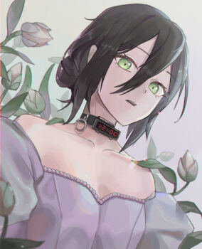 1girl absurdres alternate_costume black_hair breasts chainsaw_man civiliron collar countdown_timer dress flower green_eyes hair_between_eyes highres open_mouth purple_dress reze_(chainsaw_man) small_breasts solo