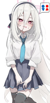 Rule 34 | 1girl, @ @, absurdres, black hairband, black skirt, black thighhighs, blue archive, blue necktie, blush, bow, collared shirt, embarrassed, hair between eyes, hair bow, hairband, halo, have to pee, hazu, highres, kei (blue archive), kei (new body) (blue archive), long hair, long hair between eyes, looking at viewer, necktie, pink eyes, pink halo, pleated skirt, rectangular halo, red eyes, shirt, simple background, skirt, solo, thighhighs, very long hair, white background, white hair, white shirt, zettai ryouiki