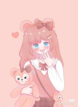 1girl animal_ears animification artist_request bear_ears bear_girl bow character_request check_character commentary_request duffy_and_friends holding humanization long_hair looking_at_viewer non-web_source shelliemay shirt skirt smile solo source_request stuffed_animal stuffed_toy