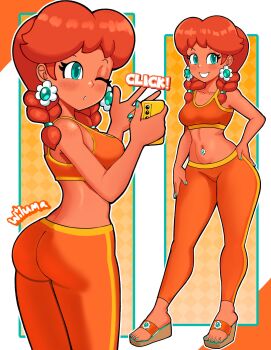 Rule 34 | 1girl, artist name, ass, bare shoulders, breasts, brown hair, cellphone, earrings, flower earrings, full body, grin, hand on own hip, highres, jewelry, looking at viewer, mario (series), midriff, navel, nintendo, one eye closed, phone, princess daisy, smile, standing, super mario land, twintails, wiluma, wink