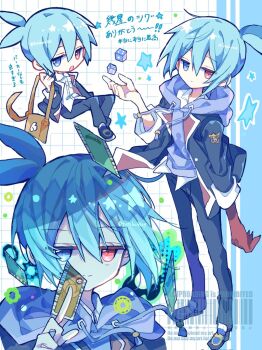 1boy :o black_jacket black_pants black_shoes blue_eyes blue_hair chibi closed_mouth commentary_request dice double-parted_bangs drawstring full_body futaba969649 hair_between_eyes hand_up heterochromia hood hood_down hoodie jacket long_sleeves looking_at_viewer male_focus multiple_views open_clothes open_jacket open_mouth pants purple_hoodie puyopuyo red_eyes shoes short_hair sig_(puyopuyo) smile standing star_(symbol) translation_request white_background