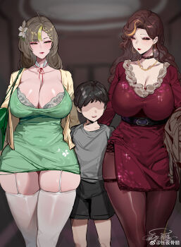 2girls absurdres black_pantyhose breasts height_difference highres huge_breasts indie_virtual_youtuber kuook makeup mature_female mingqian_nailyu multiple_girls pantyhose shiny_skin shota thick_thighs thighs virtual_youtuber watermark wide_hips