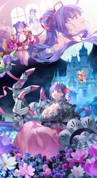Rule 34 | 4girls, absurdres, antenna hair, armor, armored dress, blue eyes, breasts, castle, claw (weapon), cleavage, closed eyes, collar, commentary, double bun, dress, fairy, fate/grand order, fate (series), field, flower, flower field, flying, full moon, giant hand, gloves, habetrot (fate), hair bun, hair ribbon, hat, highres, huge breasts, jacket, kazuradrop (fate), long hair, may (2747513627), meltryllis, meltryllis (fate), meltryllis (swimsuit lancer) (fate), meltryllis (swimsuit lancer) (second ascension) (fate), metal collar, midair, mini person, minigirl, moon, multiple girls, multiple views, one-piece swimsuit, open mouth, outdoors, oversized forearms, oversized limbs, passionlip (fate), passionlip (swimsuit saber) (first ascension) (fate), passionlip (swimsuit saber) (second ascension) (fate), passionlip (swimsuit saber) (third ascension) (fate), pink eyes, pink hair, pink jacket, pink ribbon, ponytail, purple eyes, purple hair, ribbon, sitting, sleeves past fingers, sleeves past wrists, smile, swimsuit, symbol-only commentary, tiara, very long hair, weapon, wings