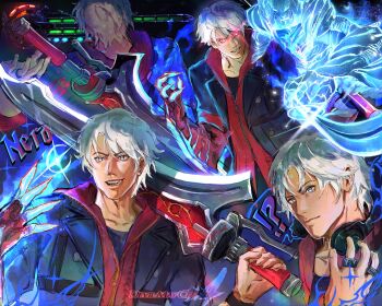 1boy blue_coat blue_eyes coat devil_bringer devil_may_cry devil_may_cry_(series) devil_may_cry_4 devil_trigger glowing glowing_eyes headphones headphones_around_neck highres nero_(devil_may_cry) padded_coat red_eyes red_queen_(sword) short_hair str3wberryy sword weapon white_hair