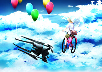 balloon bicycle blonde_hair bokurano cloud crossover flying hat highres mecha miles owari_to_hajimari_no_miles parody robot skirt sky umbrella zearth