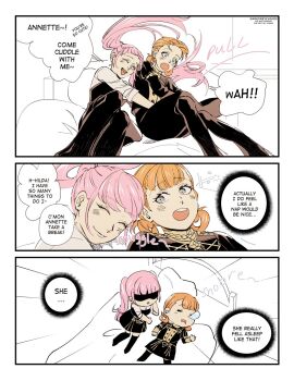 2girls annette_fantine_dominic bed closed_eyes closed_mouth comic darkgreyclouds english_text fire_emblem fire_emblem:_three_houses garreg_mach_monastery_uniform highres hilda_valentine_goneril long_hair long_sleeves multiple_girls nintendo open_mouth orange_hair pillow pink_hair smile twintails