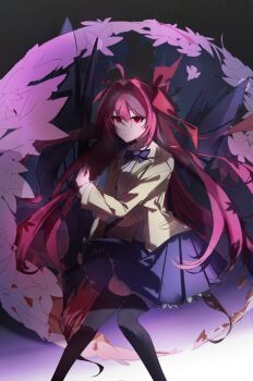 Rule 34 | 1girl, black thighhighs, blazer, bow, brown jacket, chaos;head, commentary request, dress shirt, hair bow, highres, jacket, long hair, long sleeves, looking at viewer, mladic10, necktie, one side up, pink hair, pleated skirt, purple necktie, purple skirt, red eyes, sakihata rimi, school uniform, science adventure, shirt, skirt, solo, suimei academy school uniform, thighhighs, winter uniform, zettai ryouiki