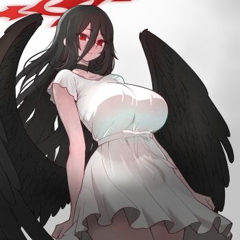 Rule 34 | 1girl, black hair, black wings, blue archive, breasts, choker, collarbone, dress, feathered wings, hair between eyes, halo, hasumi (blue archive), highres, large breasts, long hair, long hair between eyes, looking at viewer, low wings, mole, mole under eye, nikrop, red eyes, red halo, solo, thighs, very long hair, white dress, wings