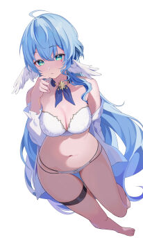 1girl absurdres aqua_hair arm_behind_back bare_shoulders bra breasts cleavage commentary_request feathered_wings green_eyes hair_between_eyes head_wings highres honkai:_star_rail honkai_(series) long_hair looking_at_viewer navel paid_reward_available panties parted_lips robin_(honkai:_star_rail) sasunopi simple_background solo stomach strapless strapless_bra thigh_focus thigh_strap thighs underwear very_long_hair white_background white_bra white_panties wings