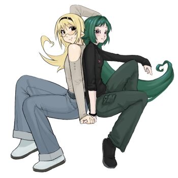 Rule 34 | 2girls, arm up, artist collaboration, bare shoulders, black-framed eyewear, black hairband, black sweater, blonde hair, brown eyes, clothing cutout, denim, drawpile (medium), full body, fuyu (knooooe), glasses, grey sweater, hairband, hand up, heart, heart-shaped hair, hira (yirtios), invisible chair, jeans, jewelry, knee up, knooooe, long hair, long sleeves, looking at viewer, multiple girls, necklace, original, pants, pointy ears, purple eyes, semi-rimless eyewear, shoulder cutout, sitting, sleeves rolled up, smile, sweatdrop, sweater, symmetrical pose, turtleneck, turtleneck sweater, under-rim eyewear, very long hair, yirtios